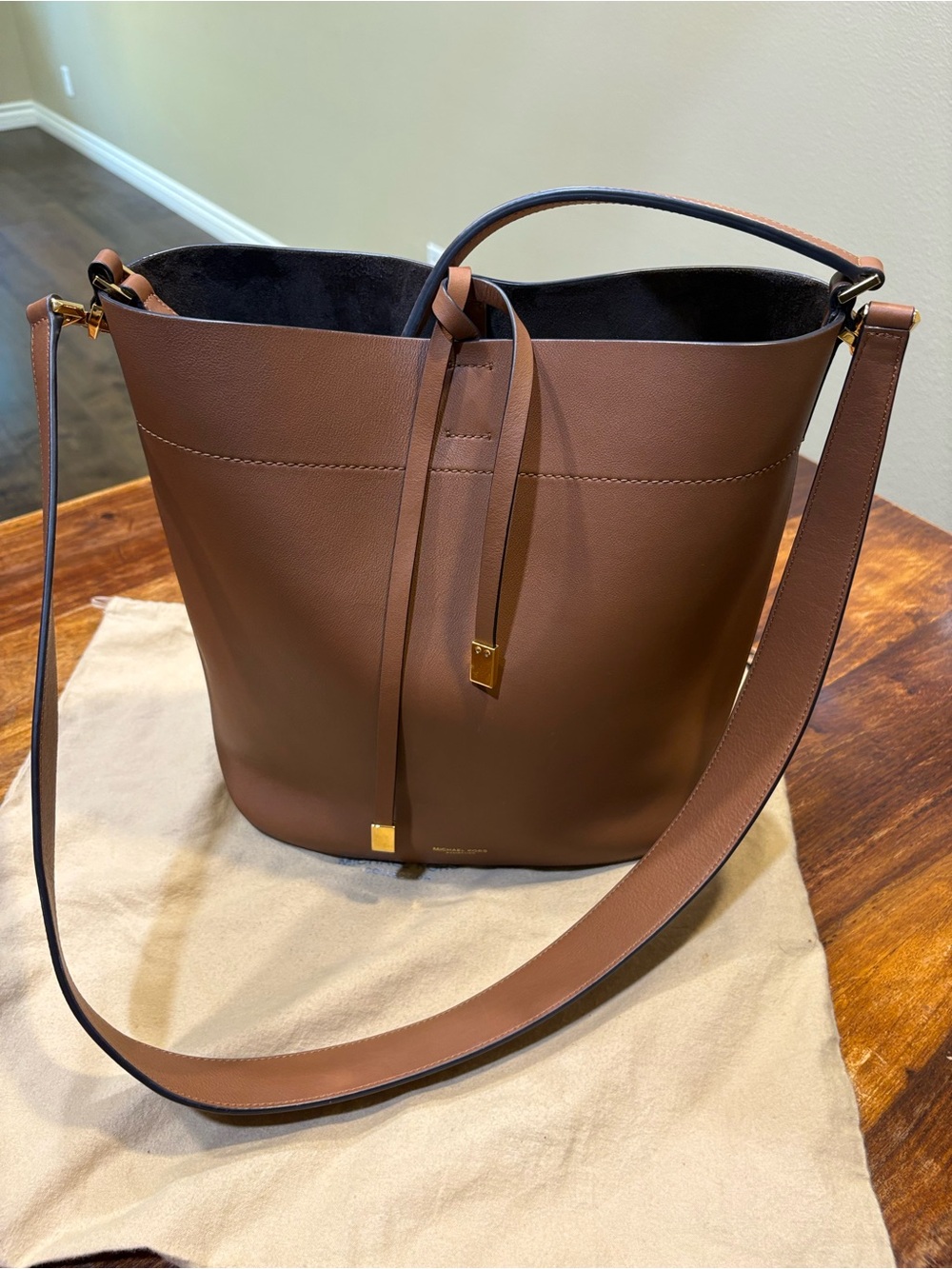 Michael Kors Brown Leather Bucket Tote with Gold Accents